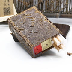 Handmade Leather Cigarette Holder Mens Engraved Floral Cigarette Holder Case for Men
