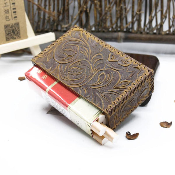 Cool Cigarette Holder Handmade Leather Mens Coffee Floral Cigarette Holder Cases for Men