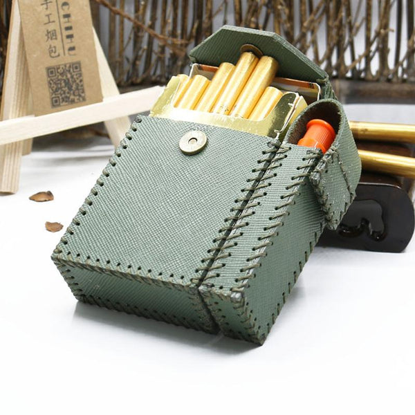 Cool Handmade Leather Mens Green Cigarette Holder Case with Lighter holder for Men - imessengerbags