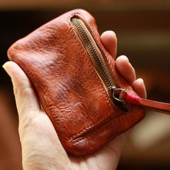 Vintage Slim Brown Leather Mens Coin Wallet Zipper Coin Holder Change Pouch For Men - imessengerbags