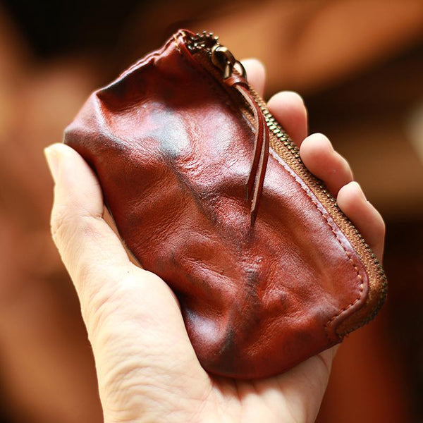 Vintage Slim Brown Leather Mens Coin Wallet Zipper Coin Holder Change Pouch For Men