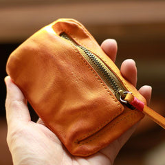 Vintage Slim Brown Leather Mens Coin Wallet Zipper Coin Holder Change Pouch For Men - imessengerbags