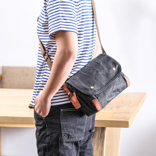 Wax Canvas Leather Mens Dark Gray Small Side Bag Courier Bag Khaki Messenger Bag for Men