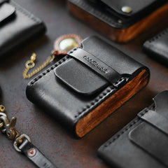 Cool Wooden Leather Mens Black Wallet Small Card Holder Black Coin Wallet for Men