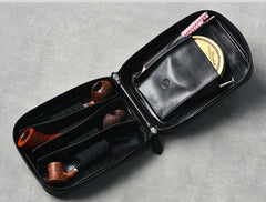 Cool Leather Black Mens Leather 4pcs Tobacco Pipe Case Zipper Tobacco Pipe Case for Men - imessengerbags