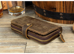 Cool Brown Mens long Wallet Bifold Zipper Clutch Wallet Cellphone Long Wallet for Men - imessengerbags