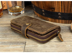 Cool Brown Mens long Wallet Bifold Zipper Clutch Wallet Cellphone Long Wallet for Men