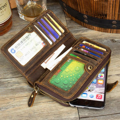 Cool Brown Mens long Wallet Bifold Zipper Clutch Wallet Cellphone Long Wallet for Men - imessengerbags