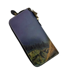 Handmade Cool Tooled Wolf Leather Men's Biker Chain Wallet Zipper Long Chain Wallet For Men - imessengerbags