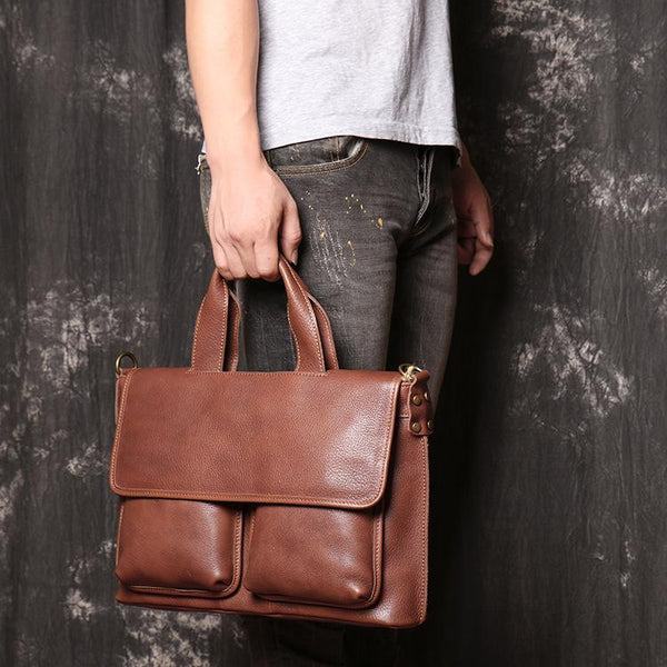 Brown Leather Mens Business Briefcase 14'' Laptop Work Bag Brown Handbag Briefcase Shoulder Bags For Men