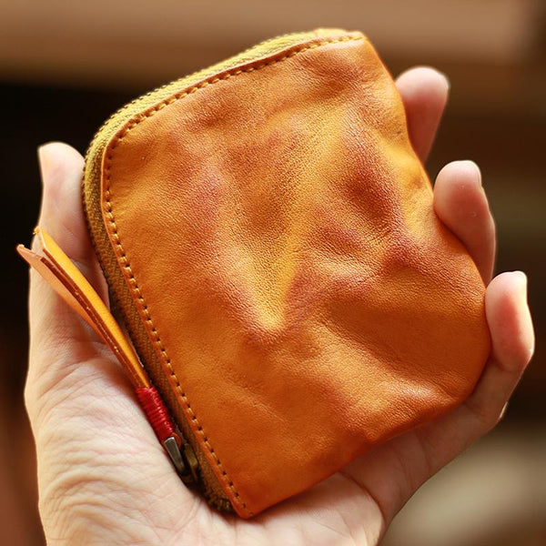 Vintage Slim Tan Leather Mens Coin Wallet Zipper Coin Holder Change Pouch For Men