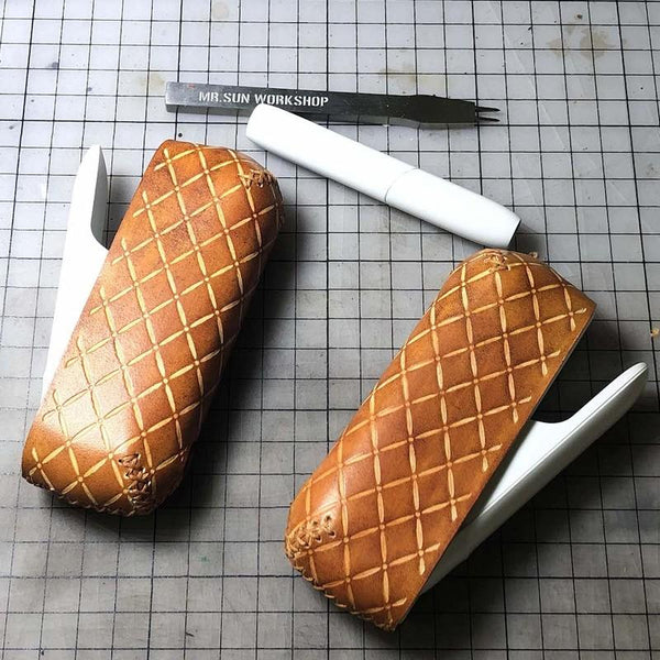 Handmade Tooled Grid Leather Mens IQOS 3.0 Cigarette Case IQOS3.0 Holder for Men