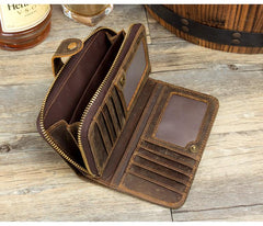 Cool Brown Mens long Wallet Bifold Zipper Clutch Wallet Cellphone Long Wallet for Men - imessengerbags