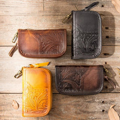 Black Handmade Leather Mens Small Car Key Wallet Dark Brown Key Holder Coin Purse Card Holder For Men - imessengerbags