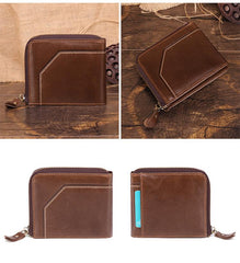 Cool Brown Small Zipper MENS LEATHER Brown Bifold Wallet SLIM billfold Brown Wallet FOR MEN - imessengerbags
