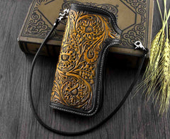 Handmade Tooled Black Leather Mens Biker Chain Wallet Long Biker Wallet with Chain for Men - imessengerbags