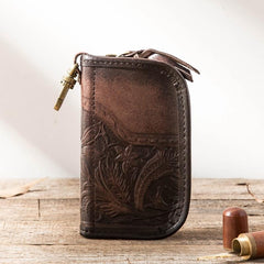 Black Handmade Leather Mens Small Car Key Wallet Dark Brown Key Holder Coin Purse Card Holder For Men - imessengerbags