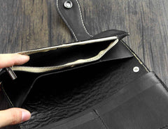 Handmade Tooled Black Leather Mens Biker Chain Wallet Long Biker Wallet with Chain for Men - imessengerbags