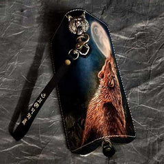 Badass Black Leather Men's Long Biker Wallet Wolf Handmade Tooled Zipper Long Wallets For Men