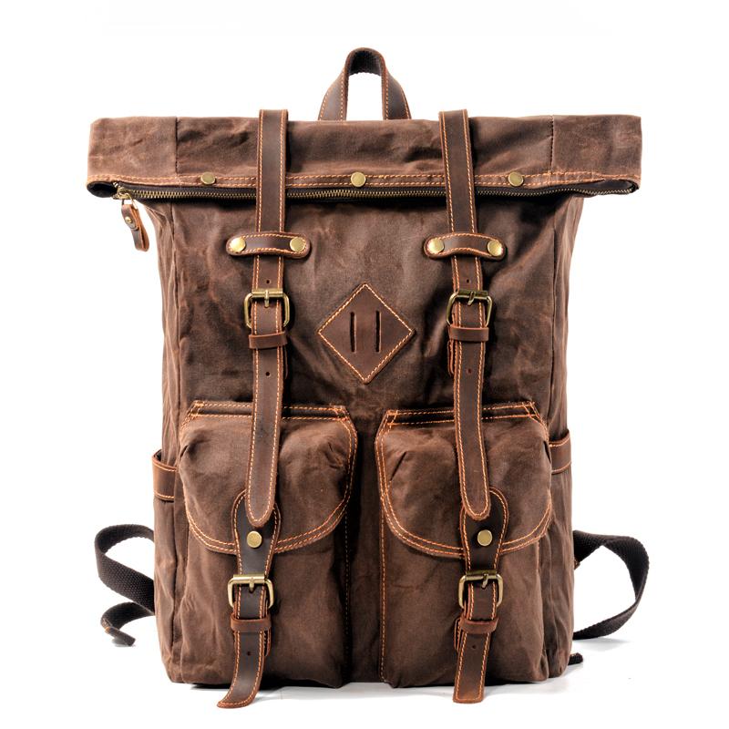 Brown Waxed Canvas Mens Waterproof Large 15'' Hiking Backpack Travel Backpack Computer Backpack for Men - imessengerbags