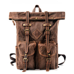 Brown Waxed Canvas Mens Waterproof Large 15'' Hiking Backpack Travel Backpack Computer Backpack for Men - imessengerbags