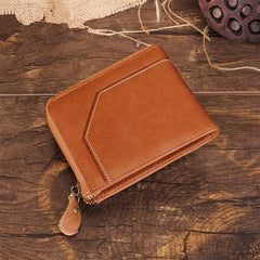 Cool Brown Small Zipper MENS LEATHER Brown Bifold Wallet SLIM billfold Brown Wallet FOR MEN - imessengerbags