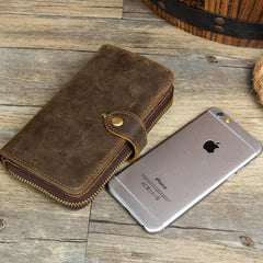 Cool Brown Mens long Wallet Bifold Zipper Clutch Wallet Cellphone Long Wallet for Men - imessengerbags