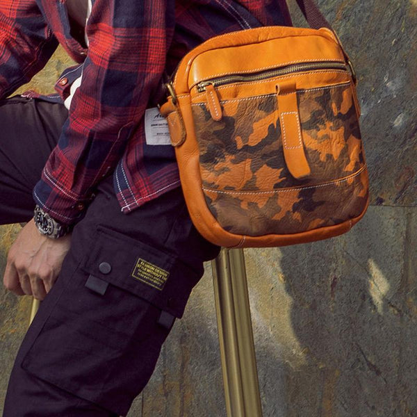 Yellow Cool Leather Mens Camouflage Vertical Side Bag Small Messenger Bags Casual Bicycle Bags for Men - imessengerbags