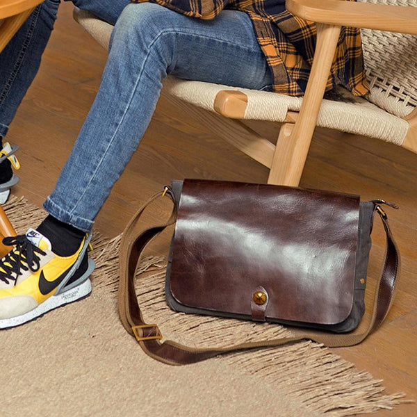 Cool Black Canvas Leather Mens Brown Courier Bag Messenger Bags Casual Postman Bags for Men - imessengerbags
