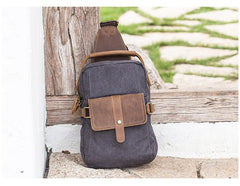 Canvas Leather Mens Khaki Chest Bag One Shoulder Backpack Green Sling Bag for Men - imessengerbags