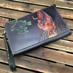 Black Handmade Tooled Leather Tiger Clutch Wallet Wristlet Bag Clutch Purse For Men