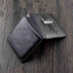 Badass Black Leather Men's Trifold Cross Small Biker Wallet Chain Wallet with chain For Men - imessengerbags