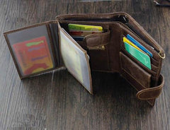 Cool Leather Men's Trifold Punk Ghost Head Skull Biker Wallet Brown Chain Wallets Wallet with chain For Men - imessengerbags