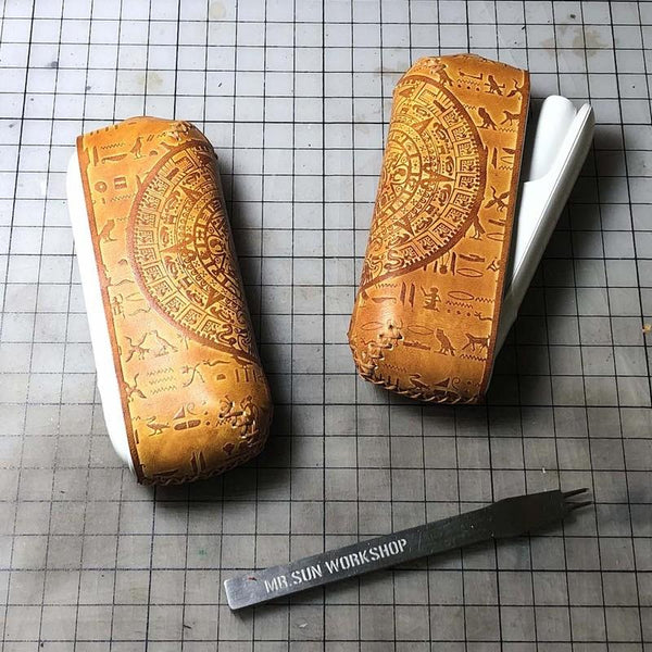 Handmade Tooled Solar Calendar Leather Mens IQOS 3.0 Cigarette Case IQOS3.0 Holder for Men - imessengerbags