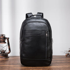 Black Cool Mens Leather College Backpack Laptop Backpack Black Travel Backpack for Men - imessengerbags