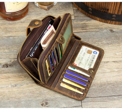 Cool Brown Mens long Wallet Bifold Zipper Clutch Wallet Cellphone Long Wallet for Men - imessengerbags