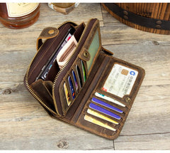 Cool Brown Mens long Wallet Bifold Zipper Clutch Wallet Cellphone Long Wallet for Men