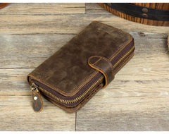 Cool Brown Mens long Wallet Bifold Zipper Clutch Wallet Cellphone Long Wallet for Men - imessengerbags