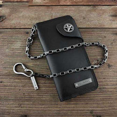 Badass Black Leather Men's Punk Star Long Biker Chain Wallet Long Wallet Chain For Men