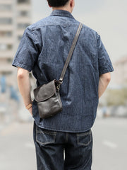 Cool Black Leather Mens Small Vertical Courier Bag Brown Messenger Bags Blue Postman Bag For Men - imessengerbags