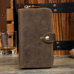 Cool Brown Mens long Wallet Bifold Zipper Clutch Wallet Cellphone Long Wallet for Men - imessengerbags