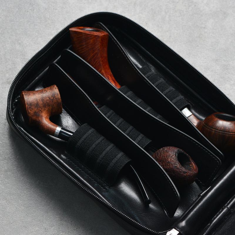 Cool Leather Black Mens Leather 4pcs Tobacco Pipe Case Zipper Tobacco Pipe Case for Men