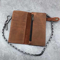 Vintage Brown Leather Men's Long Biker Chain Wallet Brown Badass Bifold Long Wallet with Chain For Men