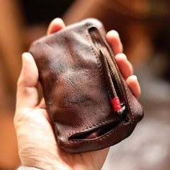 Vintage Slim Brown Leather Mens Coin Wallet Zipper Coin Holder Change Pouch For Men - imessengerbags