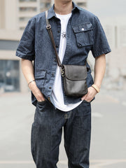 Cool Black Leather Mens Small Vertical Courier Bag Brown Messenger Bags Blue Postman Bag For Men - imessengerbags