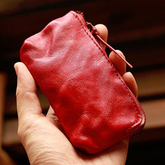 Vintage Slim Red Leather Mens Coin Wallet Zipper Coin Holder Change Pouch For Men