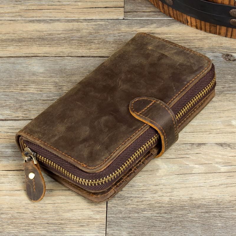 Cool Brown Mens long Wallet Bifold Zipper Clutch Wallet Cellphone Long Wallet for Men - imessengerbags