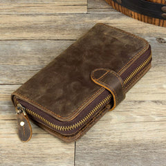 Cool Brown Mens long Wallet Bifold Zipper Clutch Wallet Cellphone Long Wallet for Men - imessengerbags