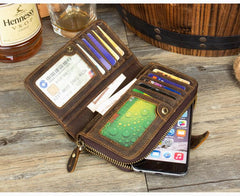 Cool Brown Mens long Wallet Bifold Zipper Clutch Wallet Cellphone Long Wallet for Men - imessengerbags