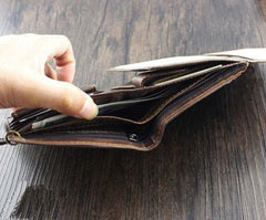 Cool Leather Men's Trifold Punk Ghost Head Skull Biker Wallet Brown Chain Wallets Wallet with chain For Men - imessengerbags